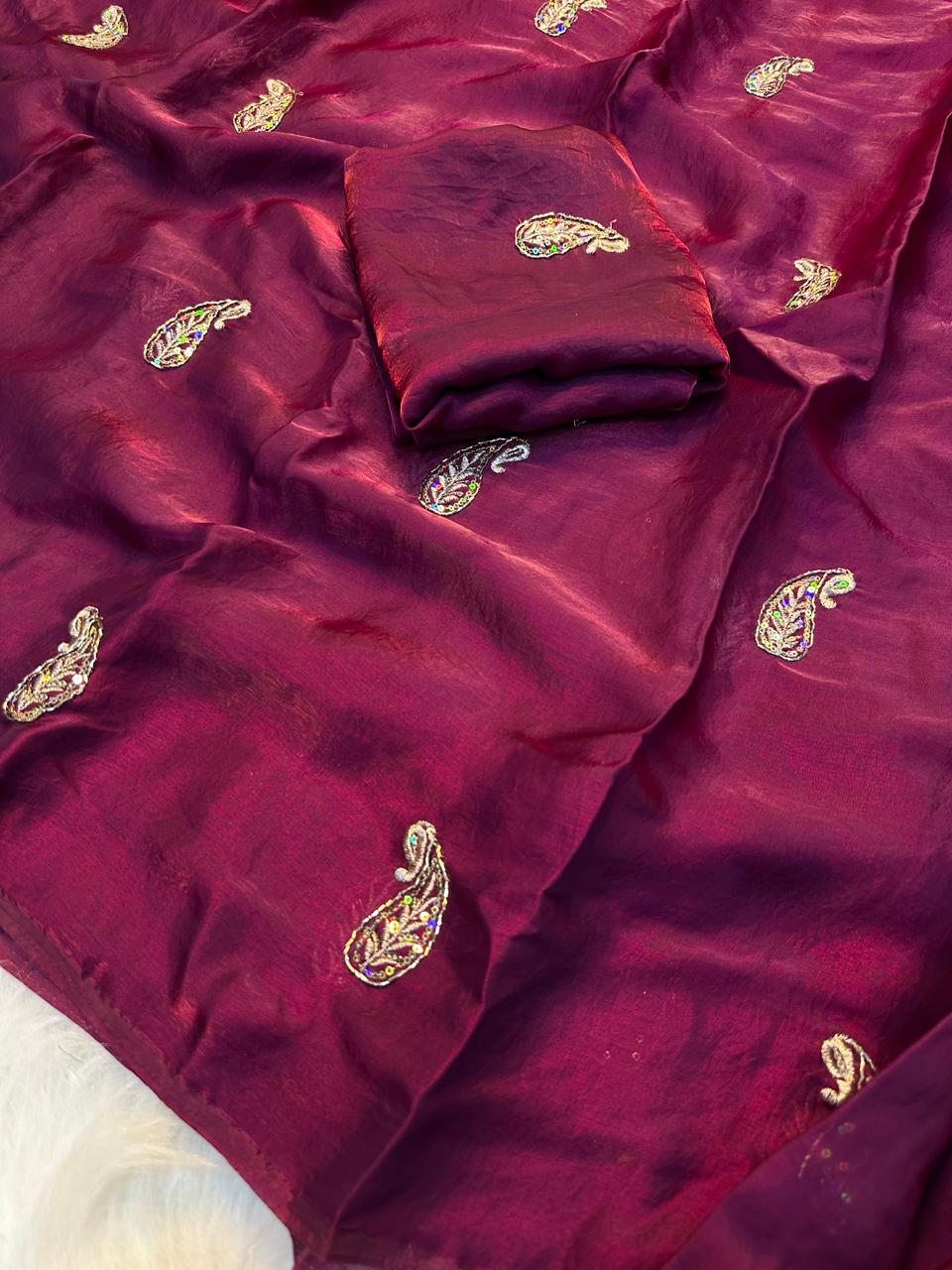 Entrancing Function Wear Silk Embroidery Sequence n Zari Work Fancy Designer Saree With Blouse Piece