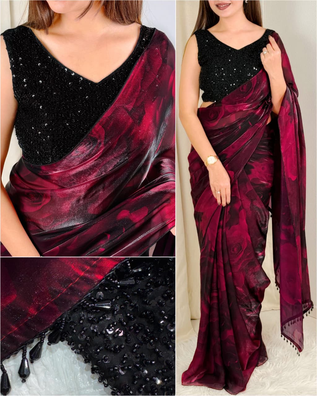 Redolent Party Wear Satin Silk Embroidery n Sequence Beads Work Lace Saree With Blouse Piece