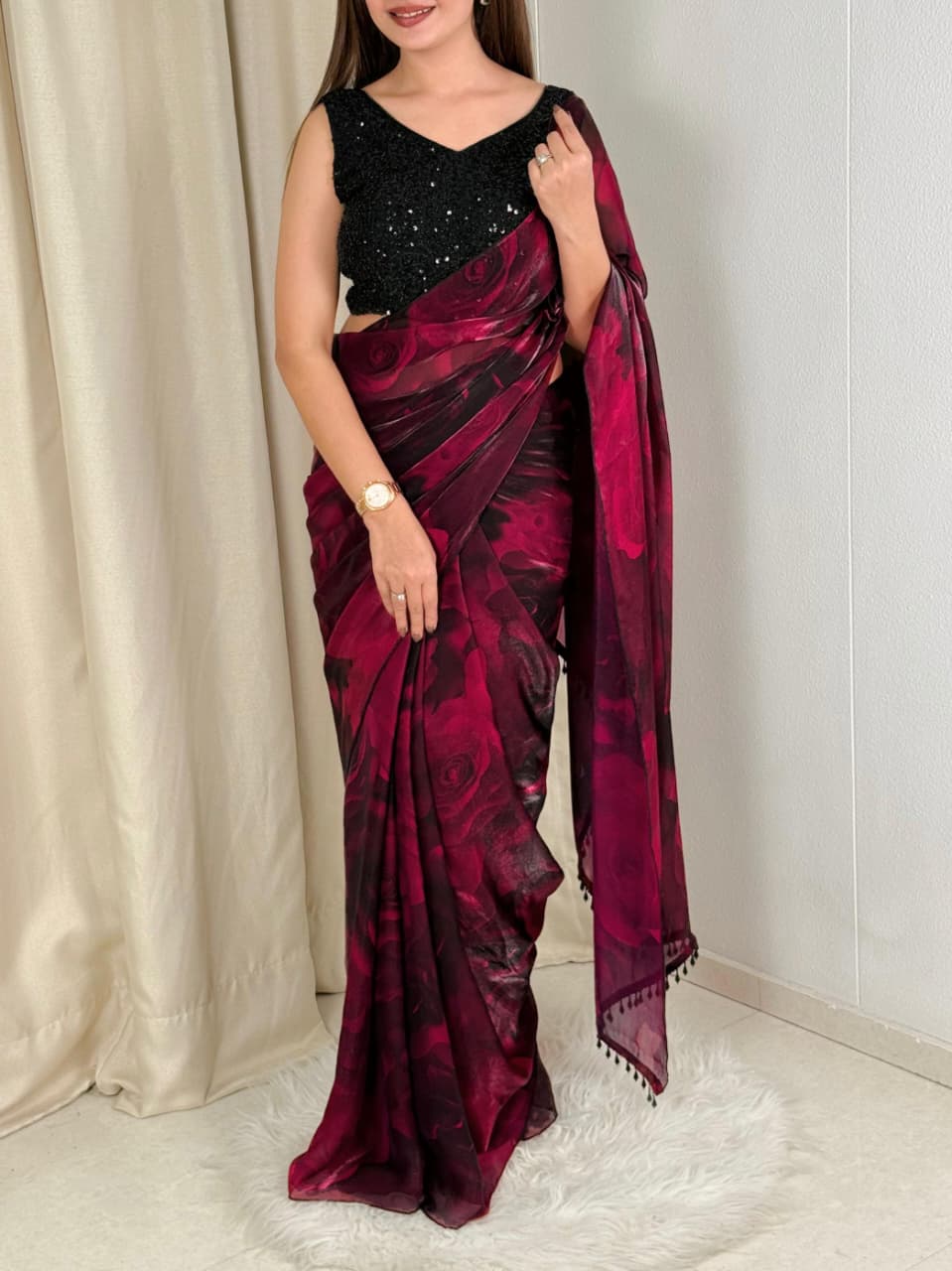 Redolent Party Wear Satin Silk Embroidery n Sequence Beads Work Lace Saree With Blouse Piece