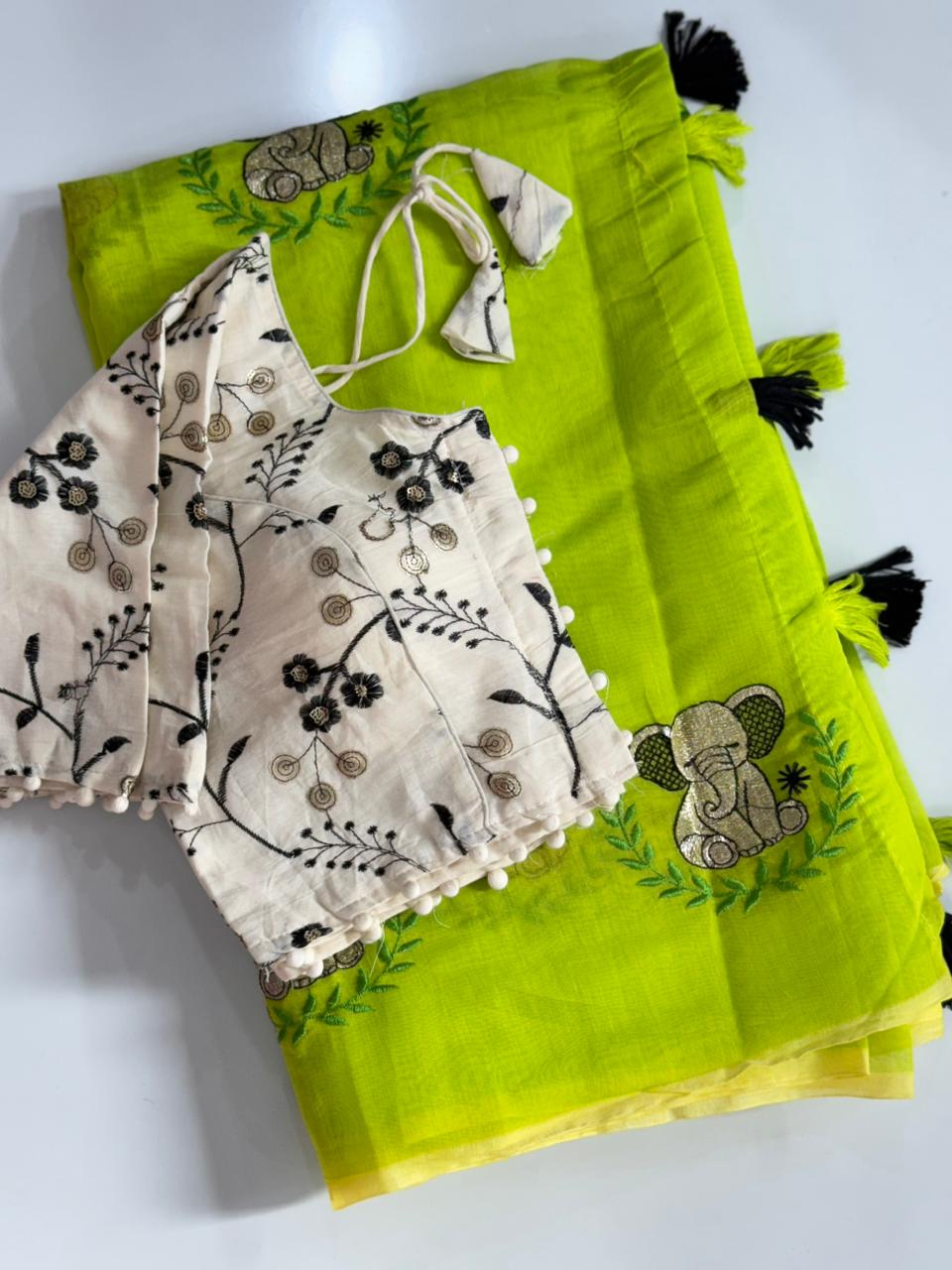 Heritage Party Wear Chanderi Cotton Embroidery n Tussels Work Fancy Designer Saree With Stitched Blouse