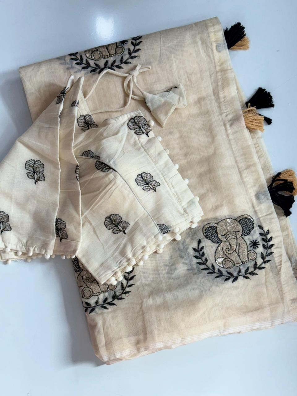 Heritage Party Wear Chanderi Cotton Embroidery n Tussels Work Fancy Designer Saree With Stitched Blouse