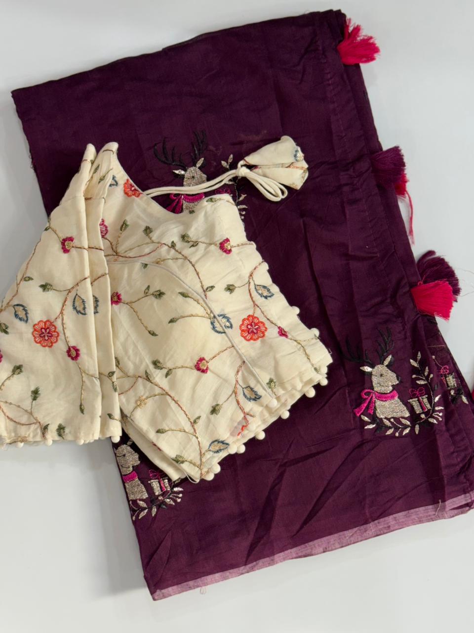 Fantabulous Function Wear Chanderi Cotton Embroidery n Tussels Work Fancy Designer Saree With Stitched Blouse