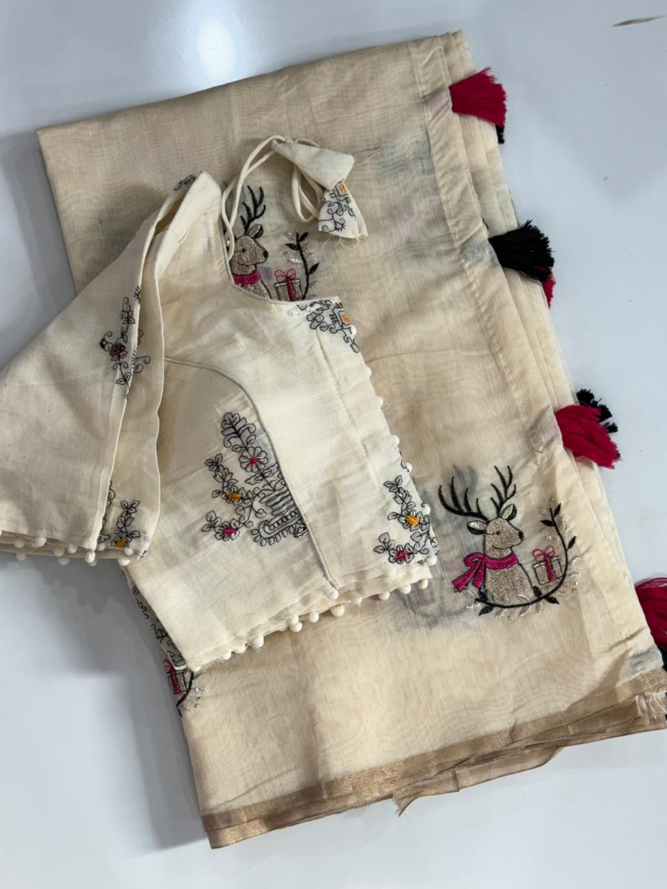 Fantabulous Function Wear Chanderi Cotton Embroidery n Tussels Work Fancy Designer Saree With Stitched Blouse