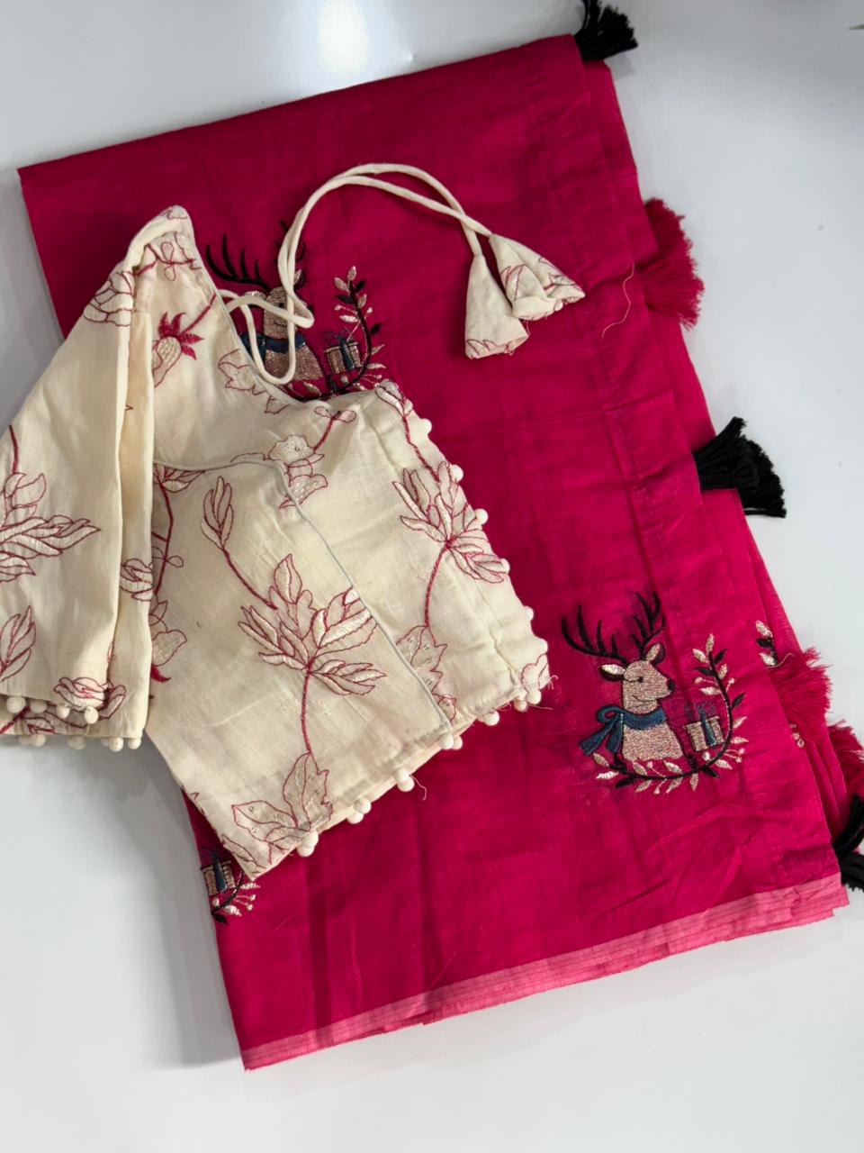 Fantabulous Function Wear Chanderi Cotton Embroidery n Tussels Work Fancy Designer Saree With Stitched Blouse