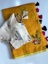 Load image into Gallery viewer, Fantabulous Function Wear Chanderi Cotton Embroidery n Tussels Work Fancy Designer Saree With Stitched Blouse
