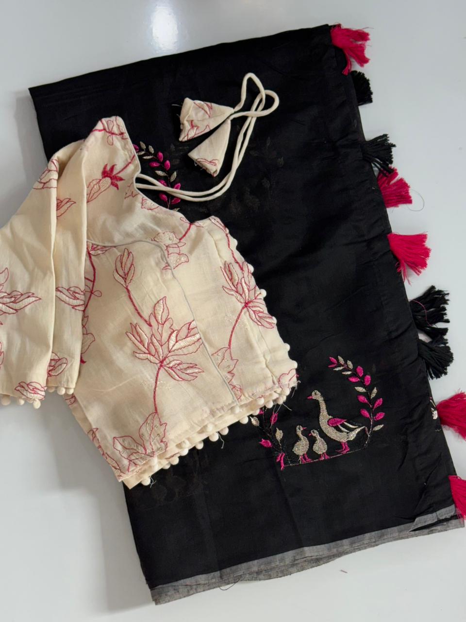 Imaginative Festive Wear Chanderi Cotton Embroidery n Tussels Work Fancy Designer Saree With Stitched Blouse