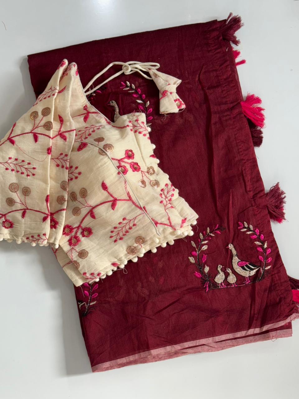 Imaginative Festive Wear Chanderi Cotton Embroidery n Tussels Work Fancy Designer Saree With Stitched Blouse