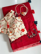 Load image into Gallery viewer, Imaginative Festive Wear Chanderi Cotton Embroidery n Tussels Work Fancy Designer Saree With Stitched Blouse
