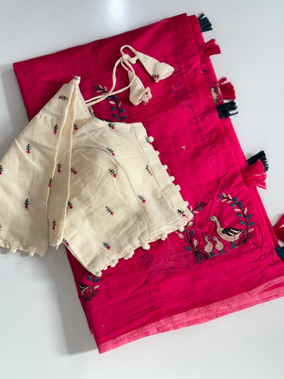 Imaginative Festive Wear Chanderi Cotton Embroidery n Tussels Work Fancy Designer Saree With Stitched Blouse