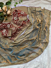 Load image into Gallery viewer, Groovy Party Wear Soft Satin Silk Embroidery n Sequence Work Fancy Designer Saree With Stitched Blouse Piece
