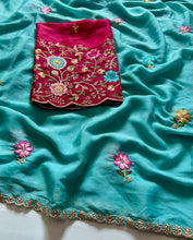 Load image into Gallery viewer, Charming Festive Wear Silk Georgette Embroidery n Sequence Flower Butti Work Fancy Designer Saree
