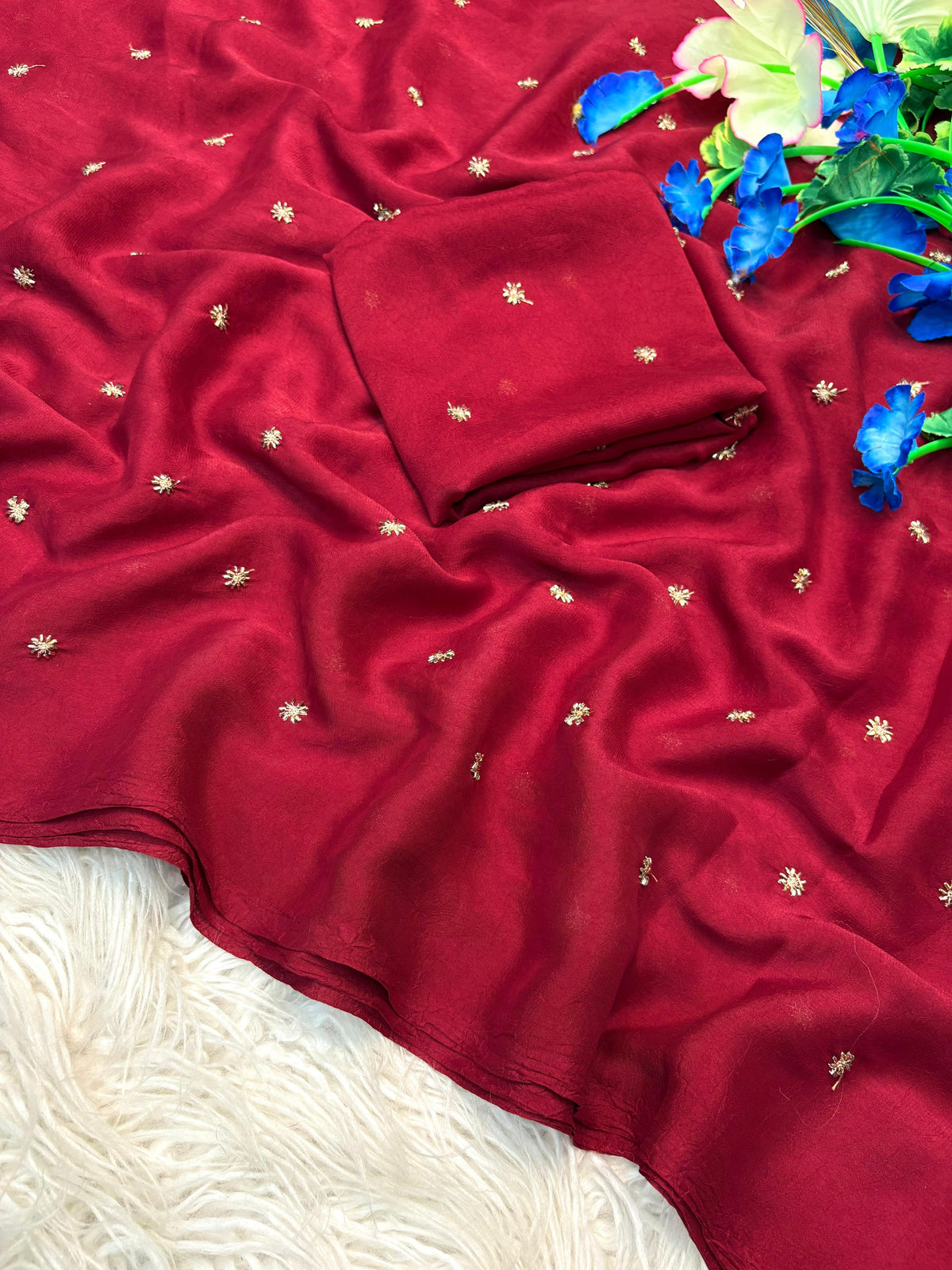 Glossy Festive Wear Crush Silk Butti n Handwork Fancy Designer Saree With Blouse Piece