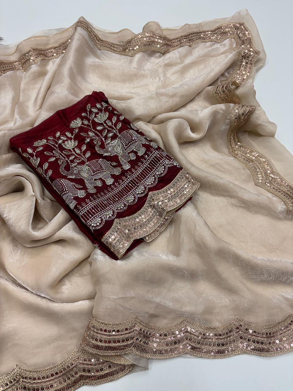 Imaginative Party Wear Pure Soft Silk Embroidery n Lace Work Designer Saree With Contrast Blouse Piece