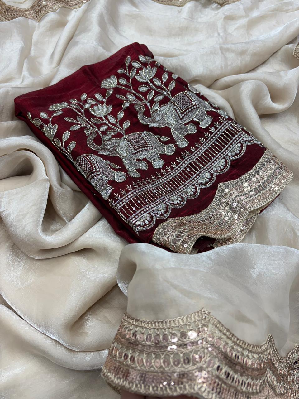 Imaginative Party Wear Pure Soft Silk Embroidery n Lace Work Designer Saree With Contrast Blouse Piece