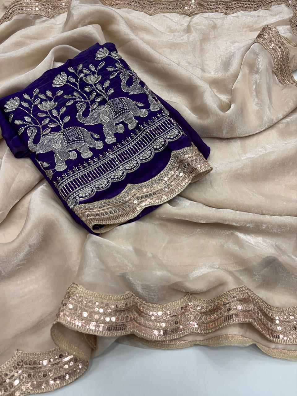 Imaginative Party Wear Pure Soft Silk Embroidery n Lace Work Designer Saree With Contrast Blouse Piece