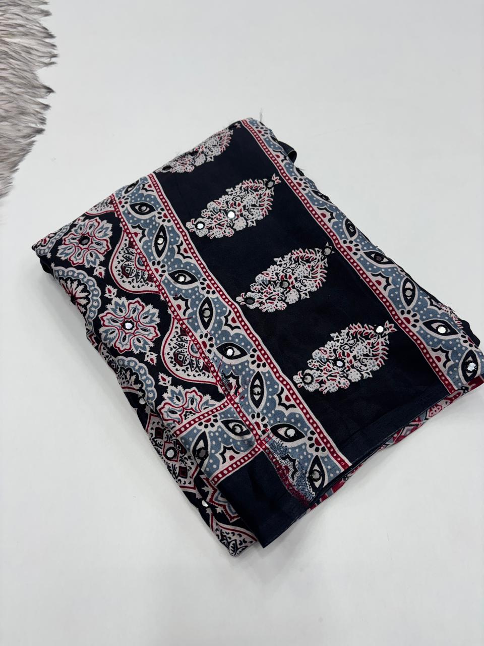 Dazzling Function Wear Pure Satin Silk Ajrak Printed Rich Pallu n Mirror Work Fancy Designer Saree