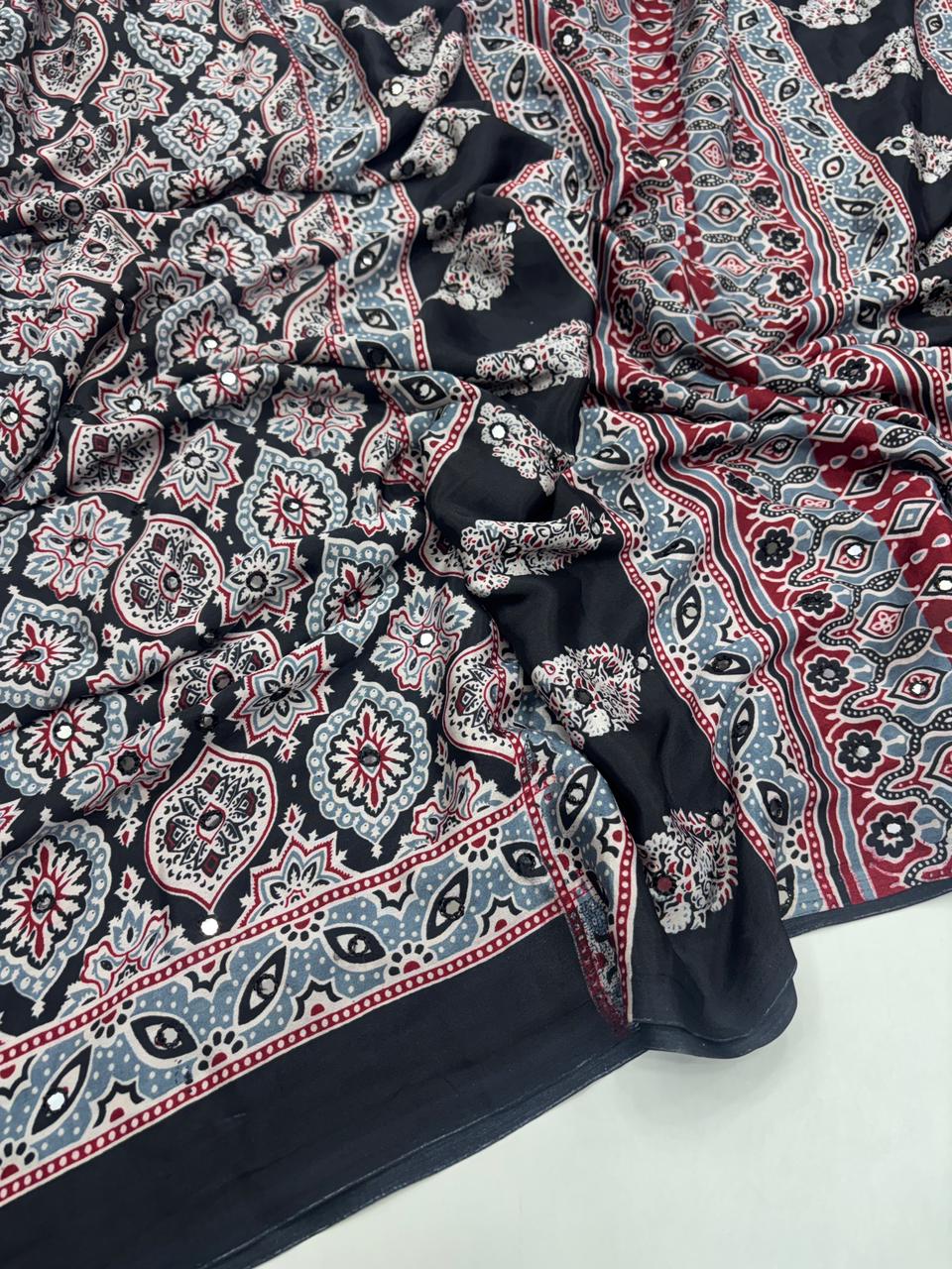 Dazzling Function Wear Pure Satin Silk Ajrak Printed Rich Pallu n Mirror Work Fancy Designer Saree