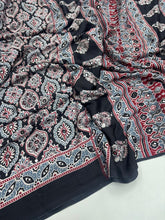 Load image into Gallery viewer, Dazzling Function Wear Pure Satin Silk Ajrak Printed Rich Pallu n Mirror Work Fancy Designer Saree
