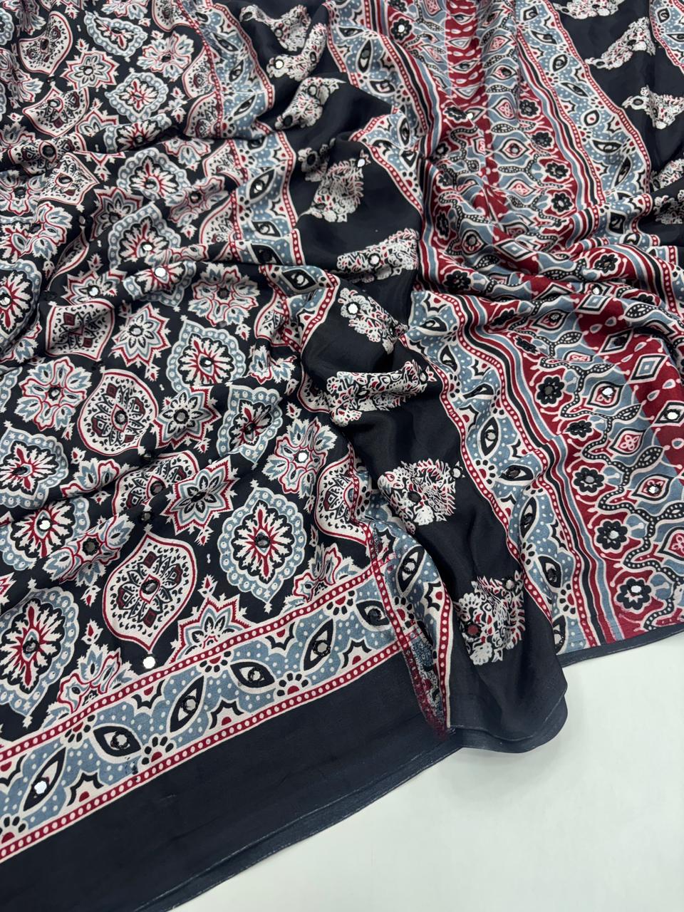 Dazzling Function Wear Pure Satin Silk Ajrak Printed Rich Pallu n Mirror Work Fancy Designer Saree