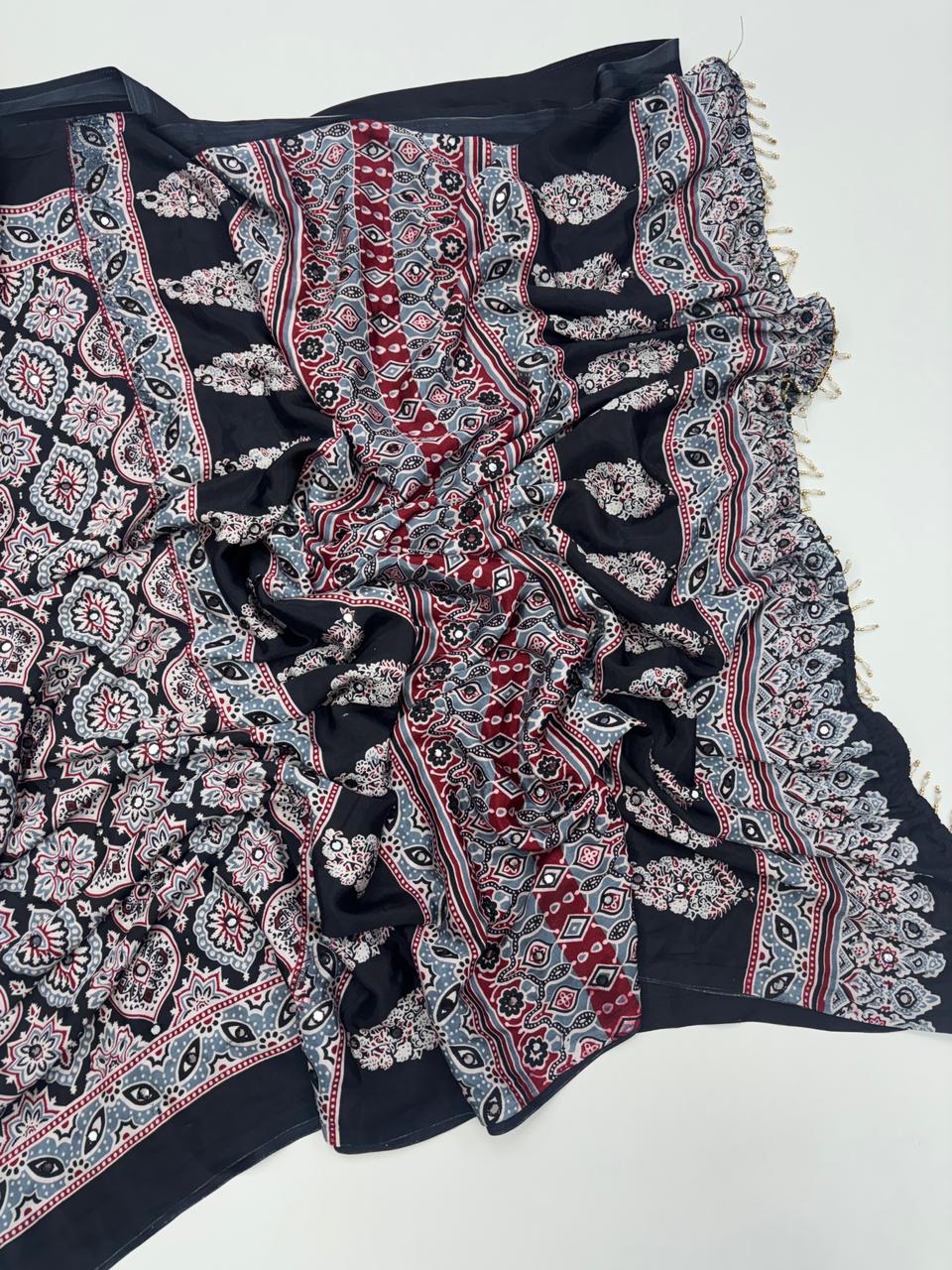 Dazzling Function Wear Pure Satin Silk Ajrak Printed Rich Pallu n Mirror Work Fancy Designer Saree