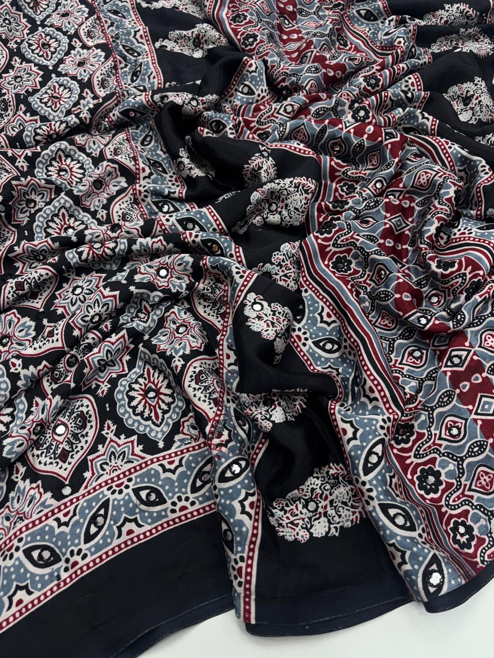 Dazzling Function Wear Pure Satin Silk Ajrak Printed Rich Pallu n Mirror Work Fancy Designer Saree