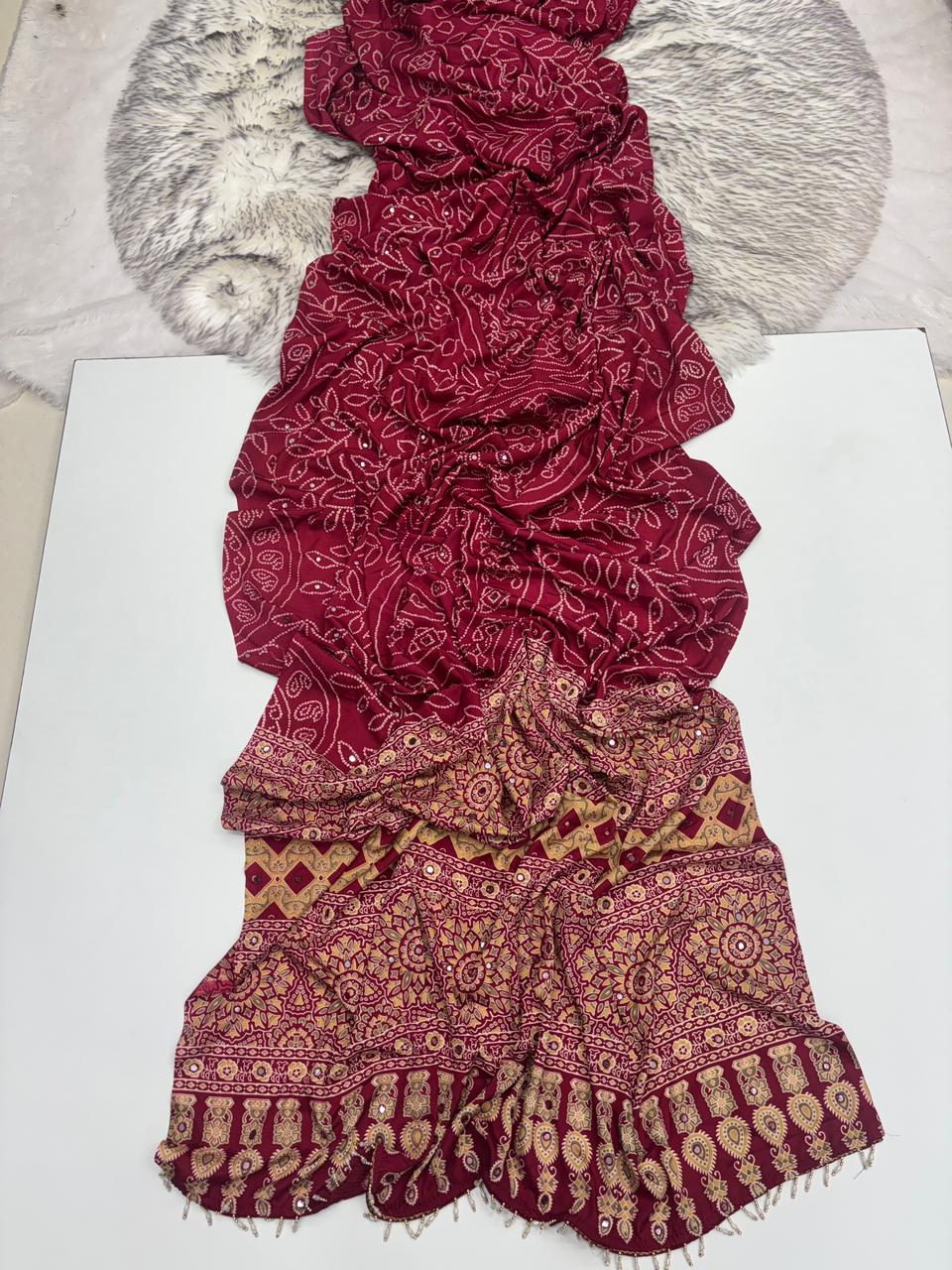 Artisanal Party Wear Pure Satin Silk Ajrak Printed Rich Pallu n Mirror Work Fancy Designer Saree With Blouse Piece