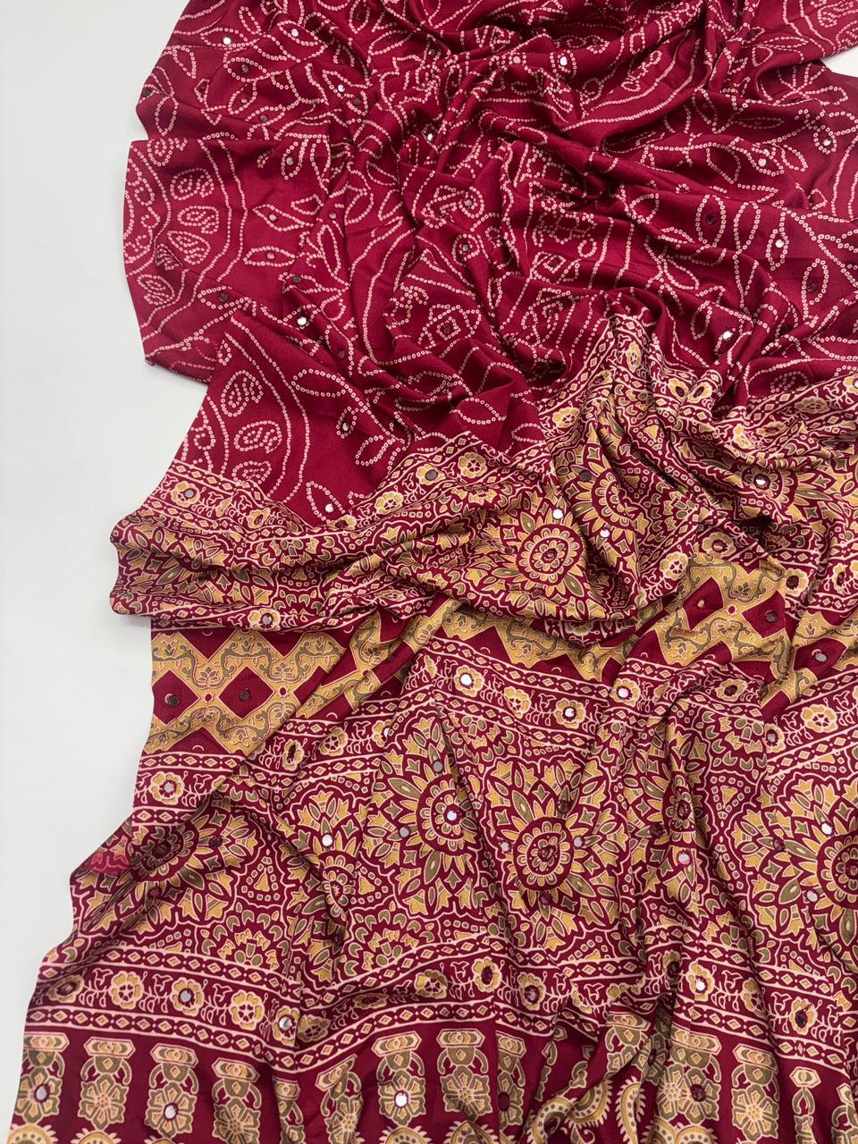 Artisanal Party Wear Pure Satin Silk Ajrak Printed Rich Pallu n Mirror Work Fancy Designer Saree With Blouse Piece