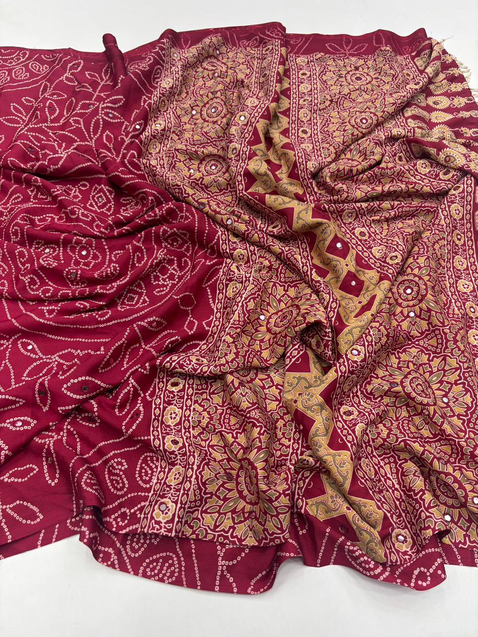 Artisanal Party Wear Pure Satin Silk Ajrak Printed Rich Pallu n Mirror Work Fancy Designer Saree With Blouse Piece
