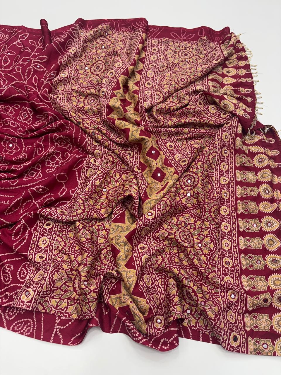 Artisanal Party Wear Pure Satin Silk Ajrak Printed Rich Pallu n Mirror Work Fancy Designer Saree With Blouse Piece
