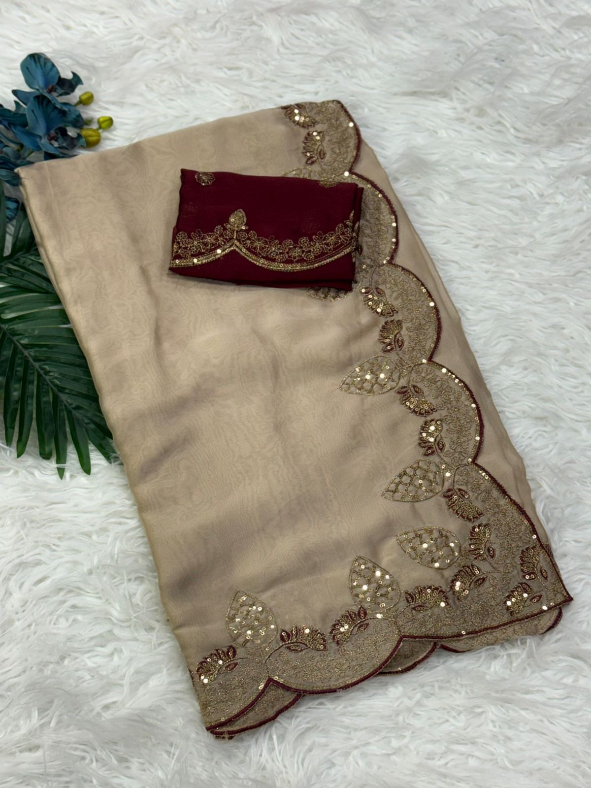 Exquisite Wedding Wear Soft Silk Embroidery n Sequence Work Designer Saree With Contrast Blouse Piece