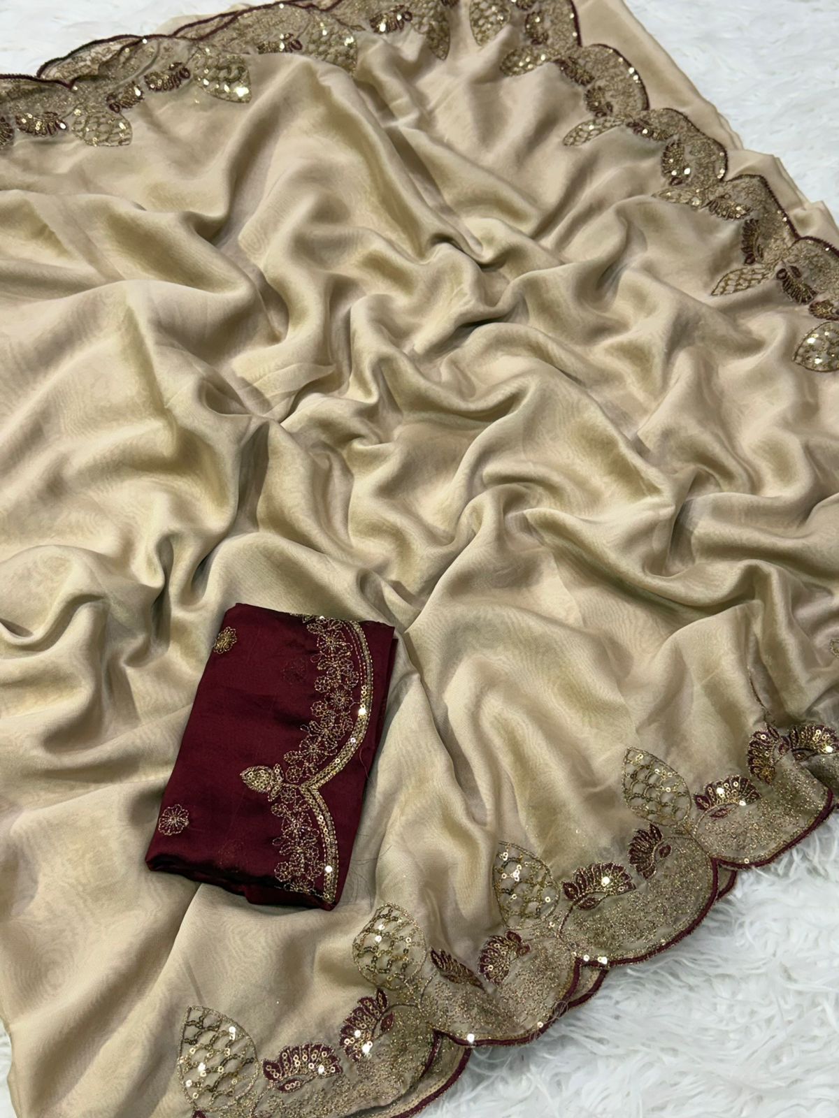 Exquisite Wedding Wear Soft Silk Embroidery n Sequence Work Designer Saree With Contrast Blouse Piece