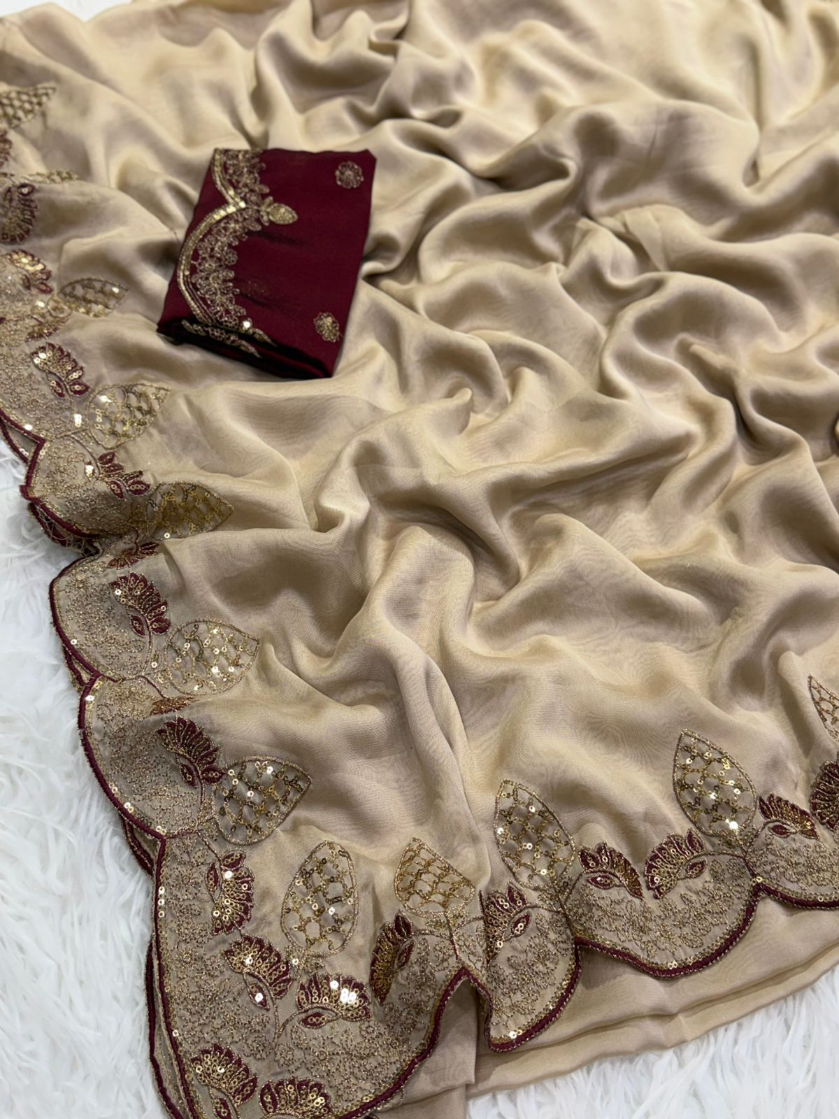 Exquisite Wedding Wear Soft Silk Embroidery n Sequence Work Designer Saree With Contrast Blouse Piece