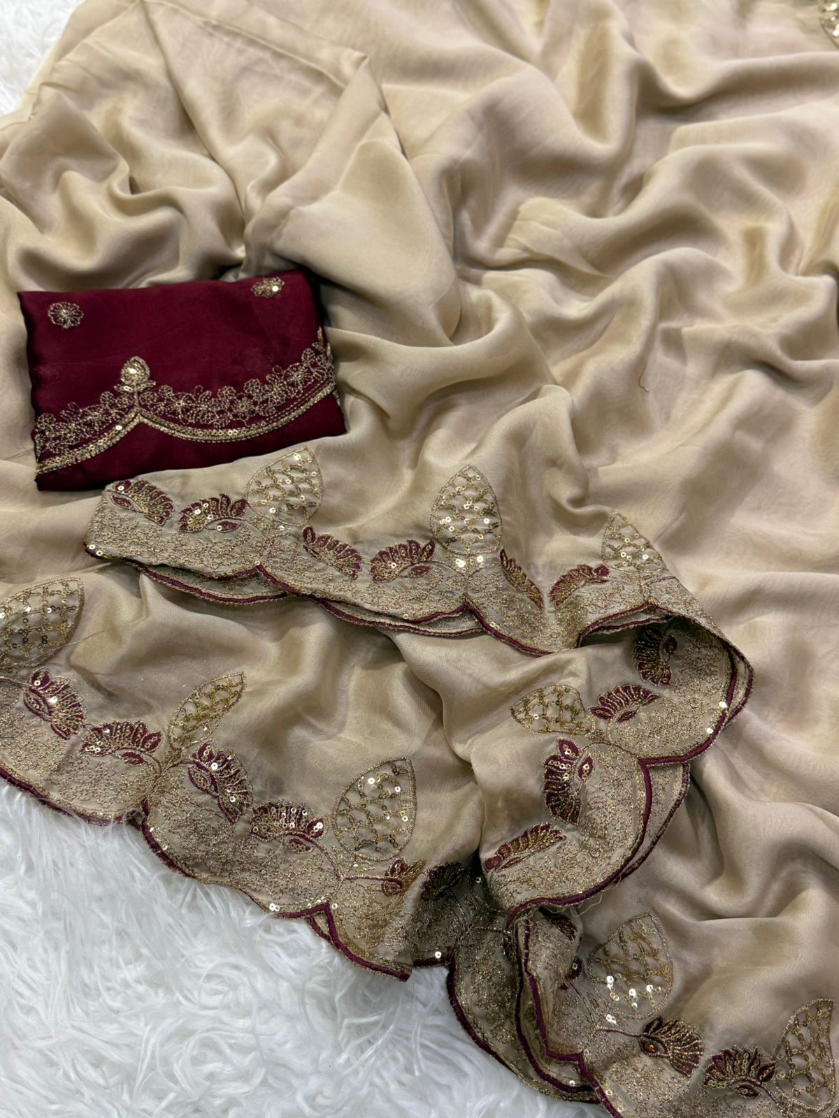 Exquisite Wedding Wear Soft Silk Embroidery n Sequence Work Designer Saree With Contrast Blouse Piece