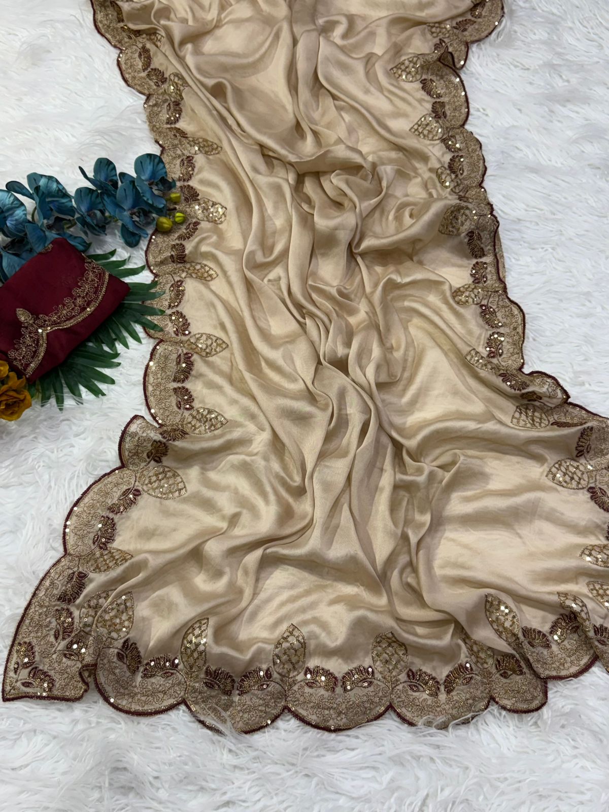 Exquisite Wedding Wear Soft Silk Embroidery n Sequence Work Designer Saree With Contrast Blouse Piece