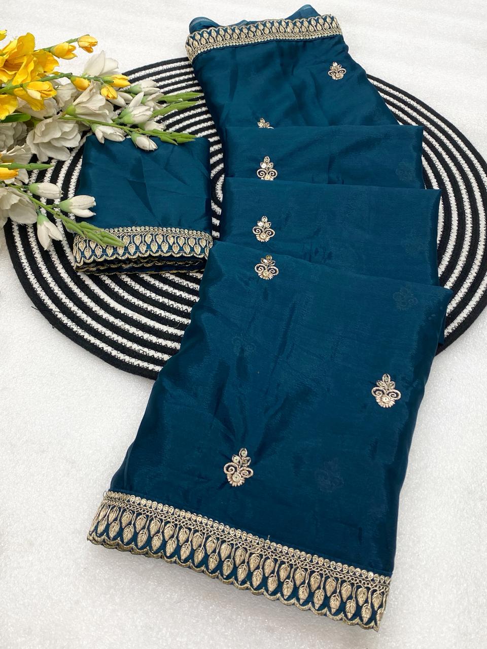 Effervescent Party Wear Pure Soft Chinon Silk Sequence n Embroidery Work Designer Saree With Elegant Blouse Piece