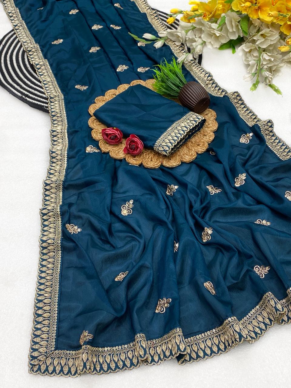 Effervescent Party Wear Pure Soft Chinon Silk Sequence n Embroidery Work Designer Saree With Elegant Blouse Piece