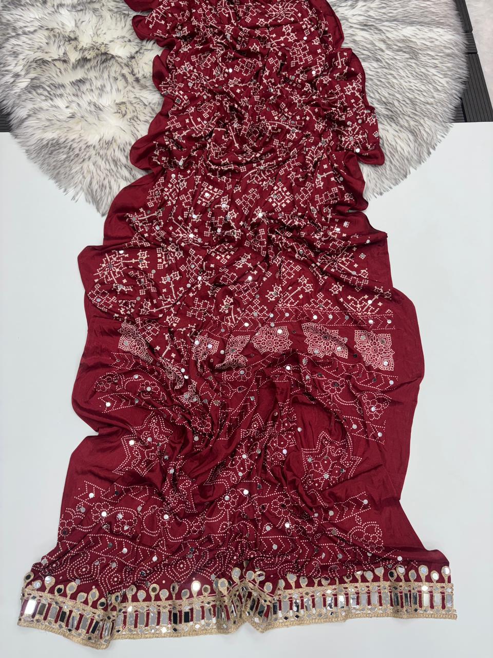 Breathtaking Function Wear Pure Satin Silk Ajrak Printed Rich Pallu n Mirror Work Fancy Designer Saree