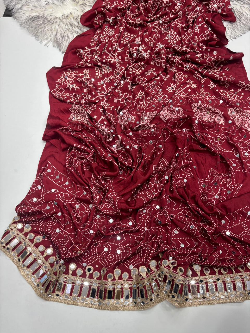 Breathtaking Function Wear Pure Satin Silk Ajrak Printed Rich Pallu n Mirror Work Fancy Designer Saree