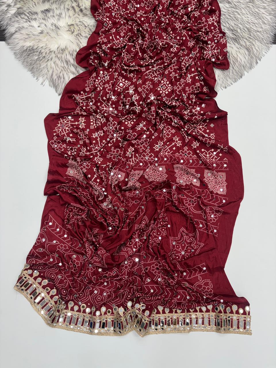 Breathtaking Function Wear Pure Satin Silk Ajrak Printed Rich Pallu n Mirror Work Fancy Designer Saree