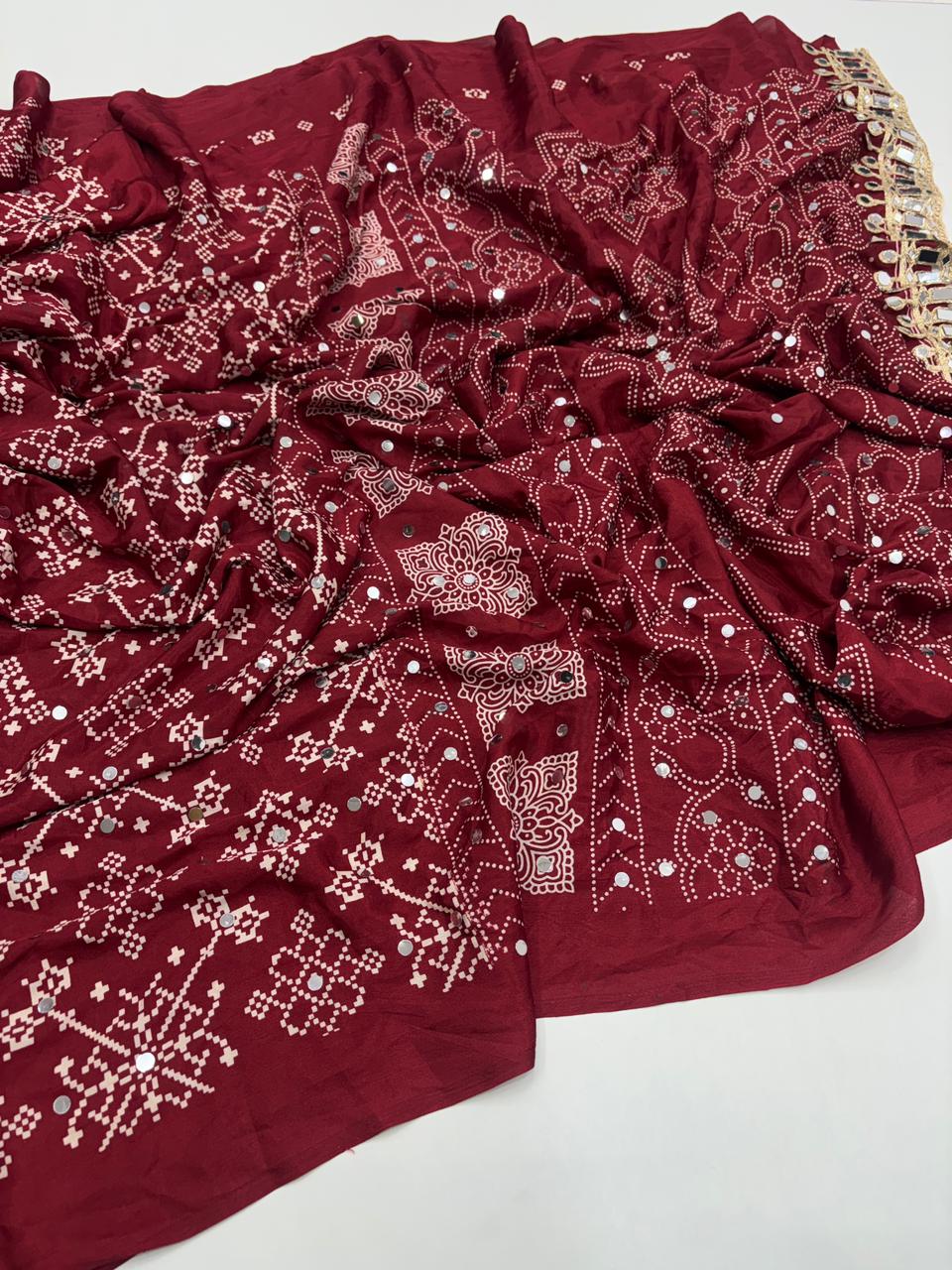 Breathtaking Function Wear Pure Satin Silk Ajrak Printed Rich Pallu n Mirror Work Fancy Designer Saree