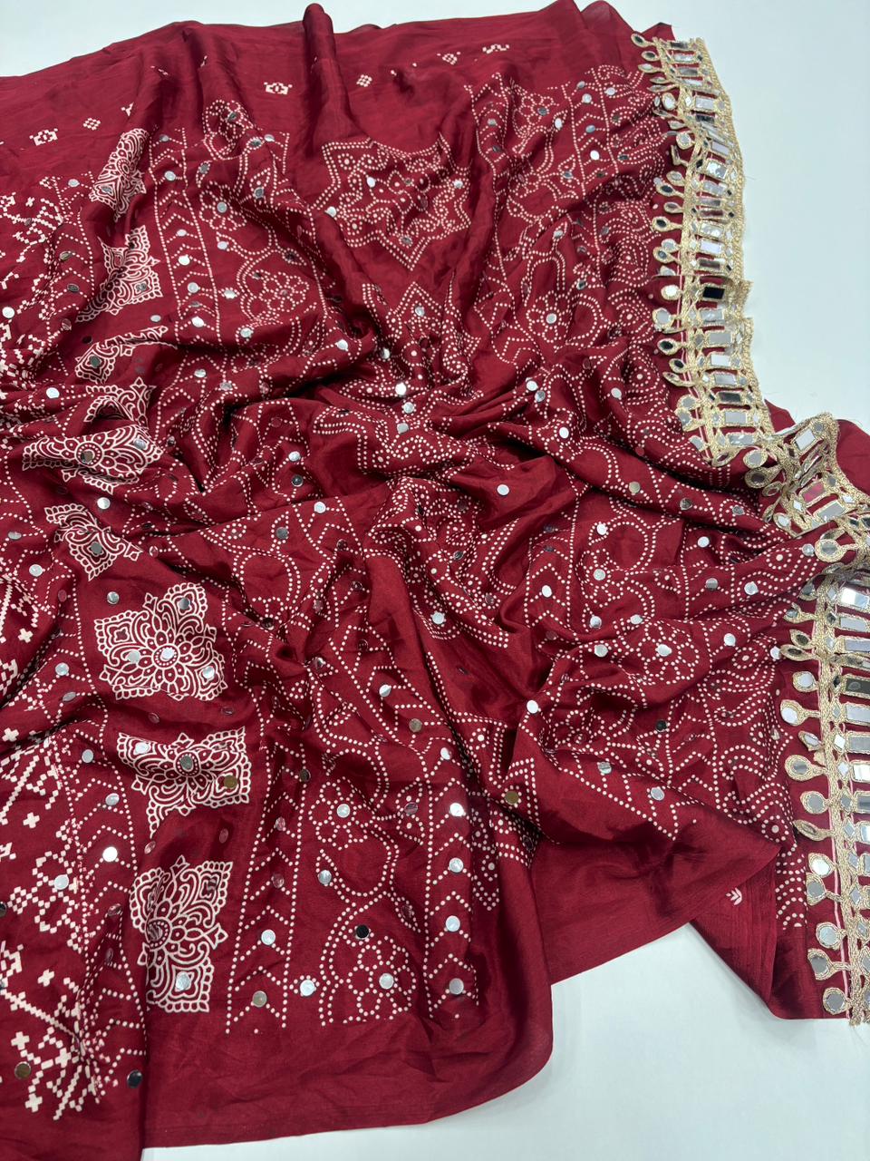 Breathtaking Function Wear Pure Satin Silk Ajrak Printed Rich Pallu n Mirror Work Fancy Designer Saree