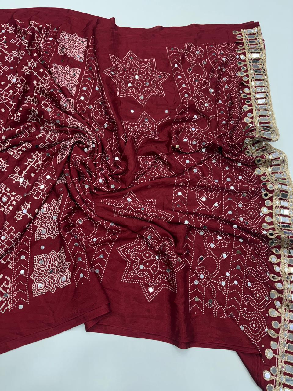 Breathtaking Function Wear Pure Satin Silk Ajrak Printed Rich Pallu n Mirror Work Fancy Designer Saree