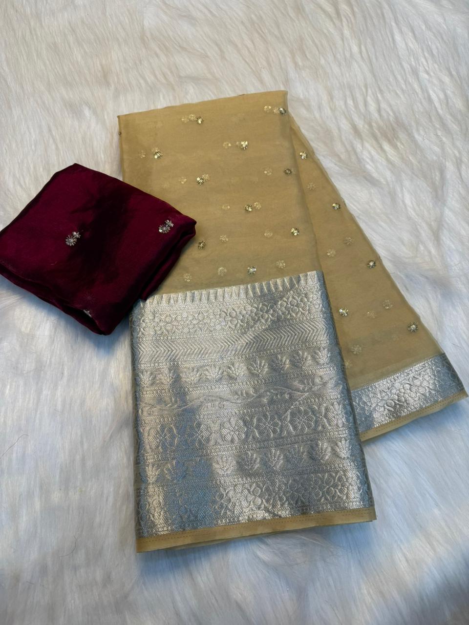 Adorable Festive Wear Organza Jacquard Border Embroidery Work Saree With Contrast Blouse Piece