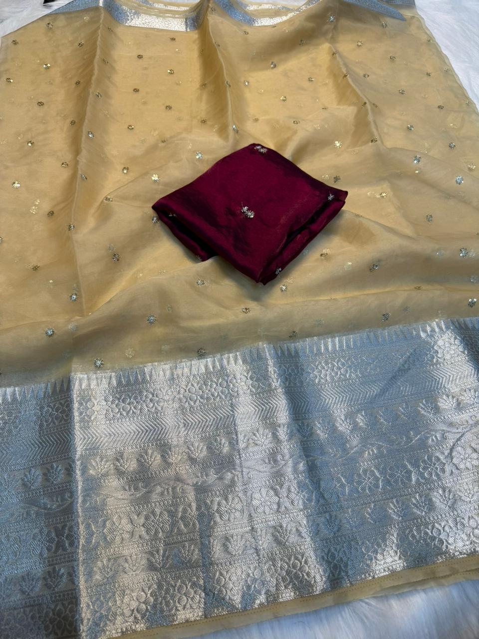 Adorable Festive Wear Organza Jacquard Border Embroidery Work Saree With Contrast Blouse Piece