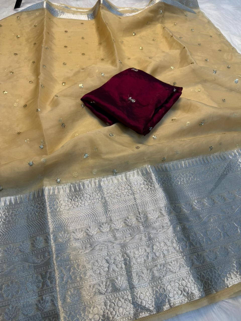 Adorable Festive Wear Organza Jacquard Border Embroidery Work Saree With Contrast Blouse Piece