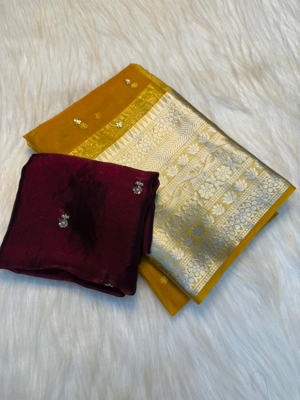 Adorable Festive Wear Organza Jacquard Border Embroidery Work Saree With Contrast Blouse Piece