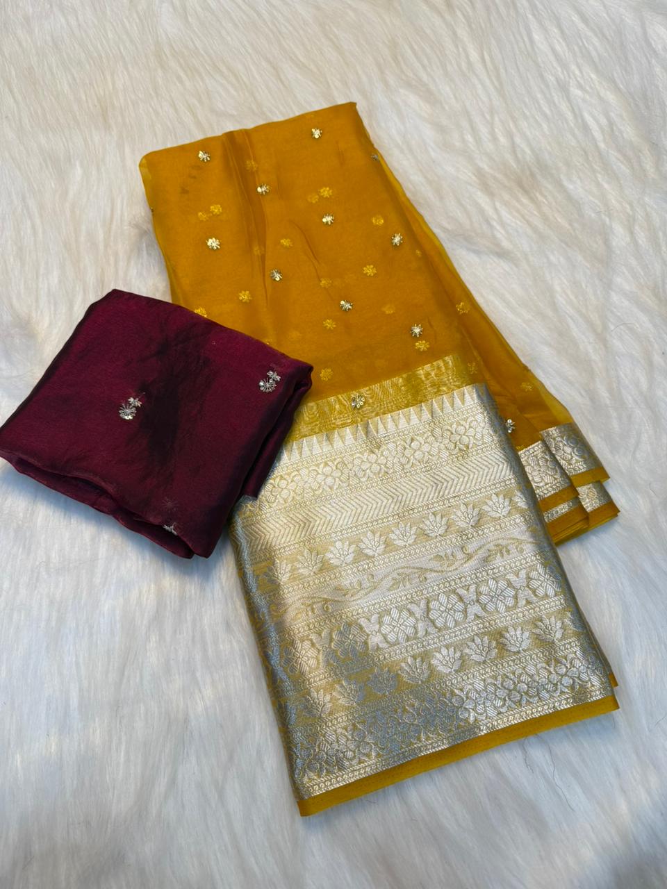 Adorable Festive Wear Organza Jacquard Border Embroidery Work Saree With Contrast Blouse Piece