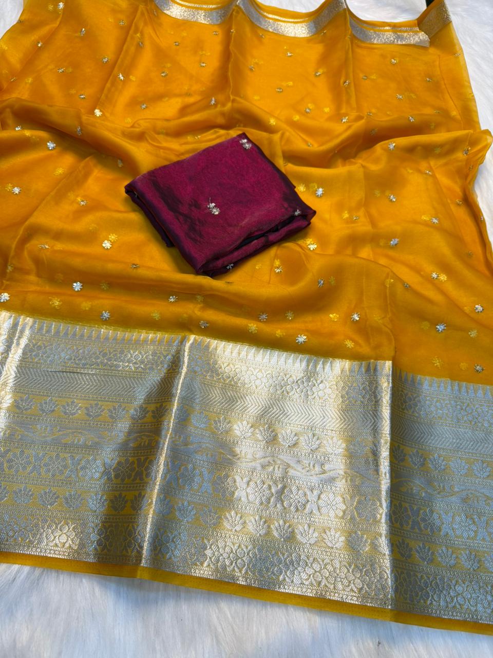 Adorable Festive Wear Organza Jacquard Border Embroidery Work Saree With Contrast Blouse Piece