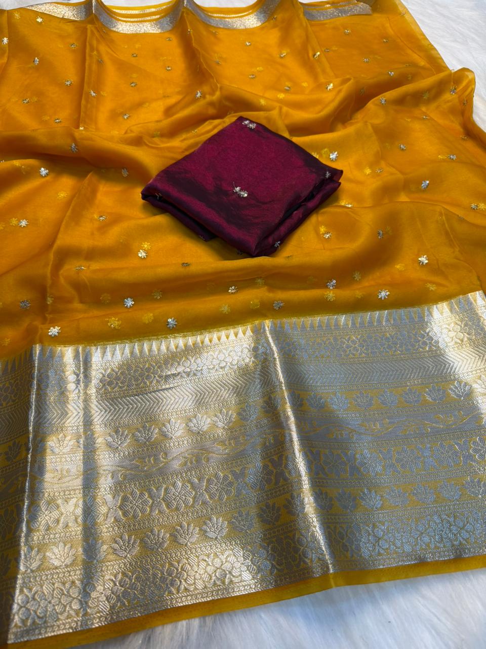 Adorable Festive Wear Organza Jacquard Border Embroidery Work Saree With Contrast Blouse Piece