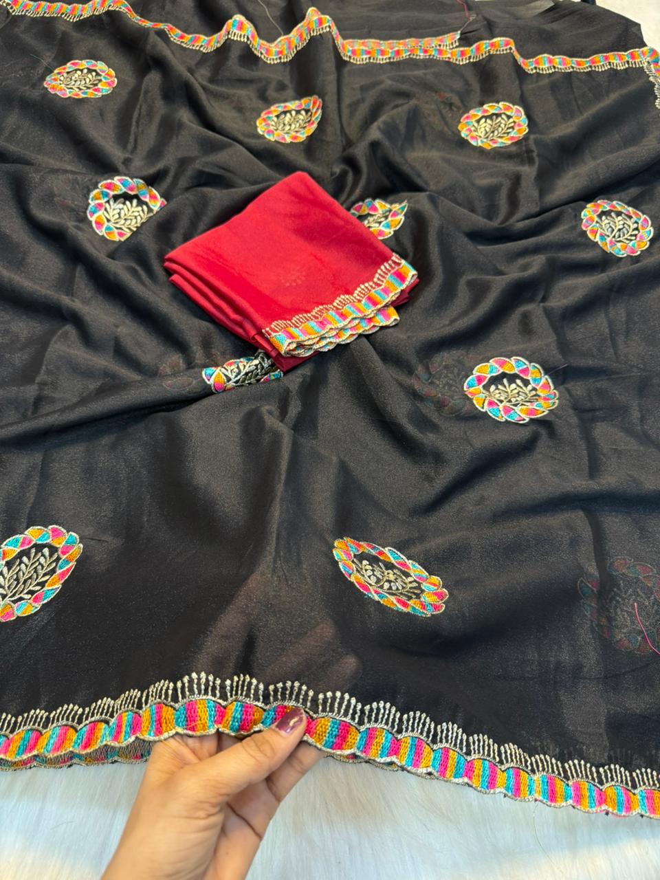Regal Function Wear Georgette Embroidery Work Designer Saree With Contrast Blouse Piece
